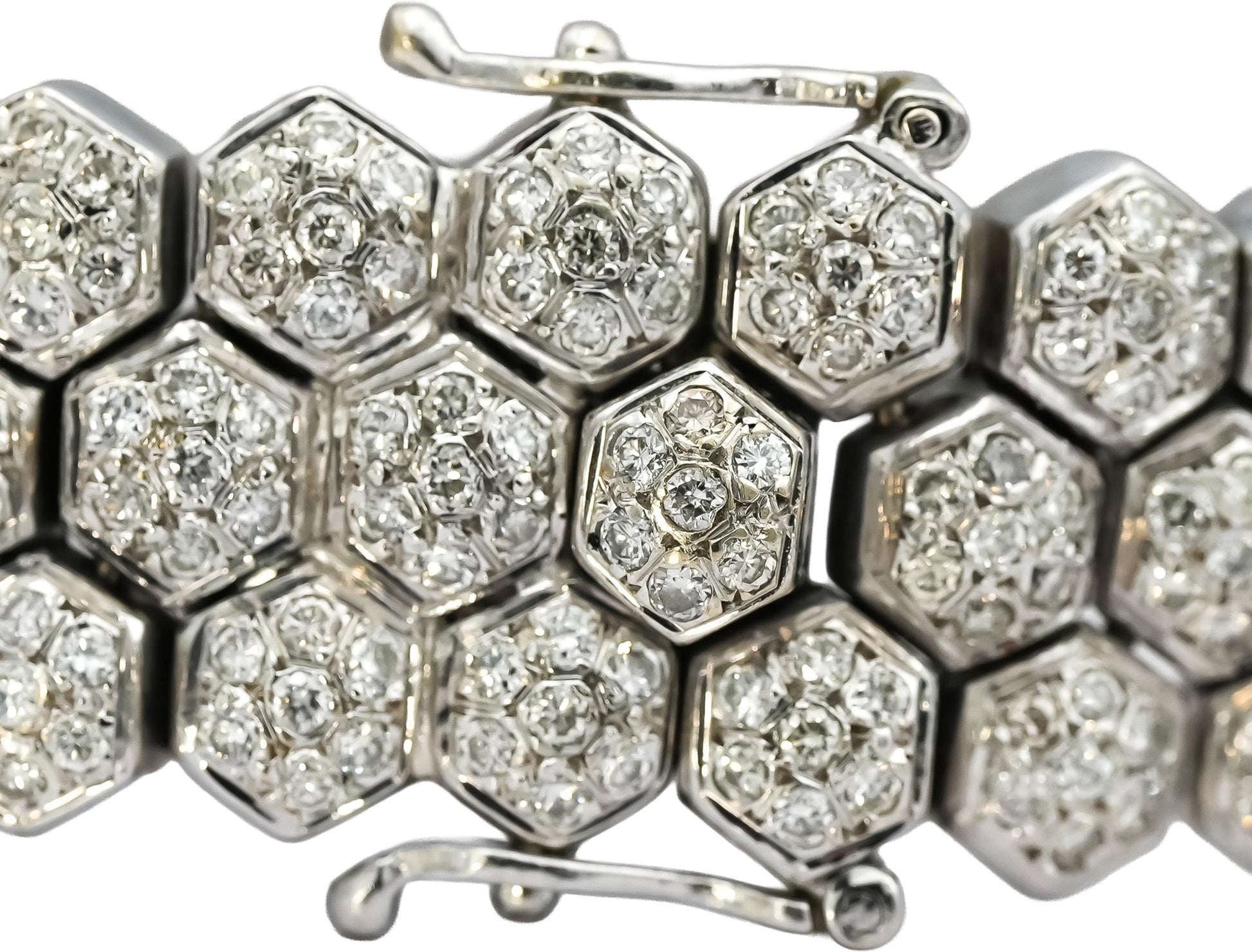 18k White Gold Round Diamond Hexagon Link Cluster 14.5mm Wide Bracelet 4.0CT