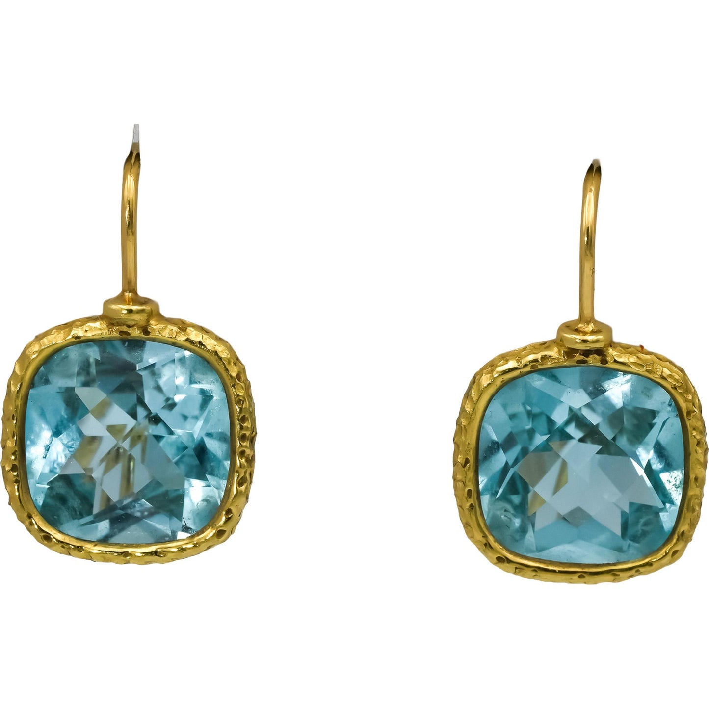 18k Yellow Gold Blue Topaz Hand Hammered Dangle Earrings 15.0CT