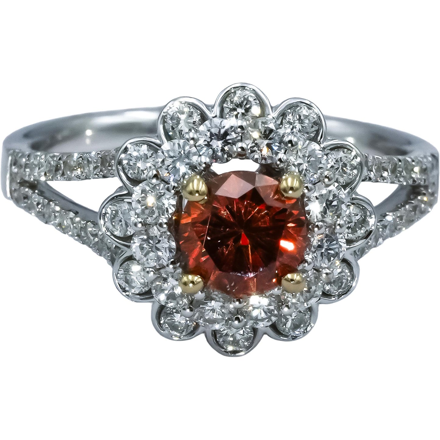 18k White Gold Orange and White Diamond Flower Cocktail Ring 1.75CT Size 6.75