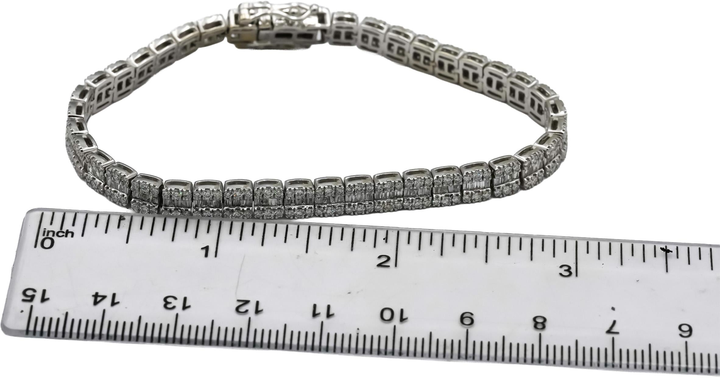 10k White Gold Round and Baguette Cut Diamond Line Bracelet 6.0CT