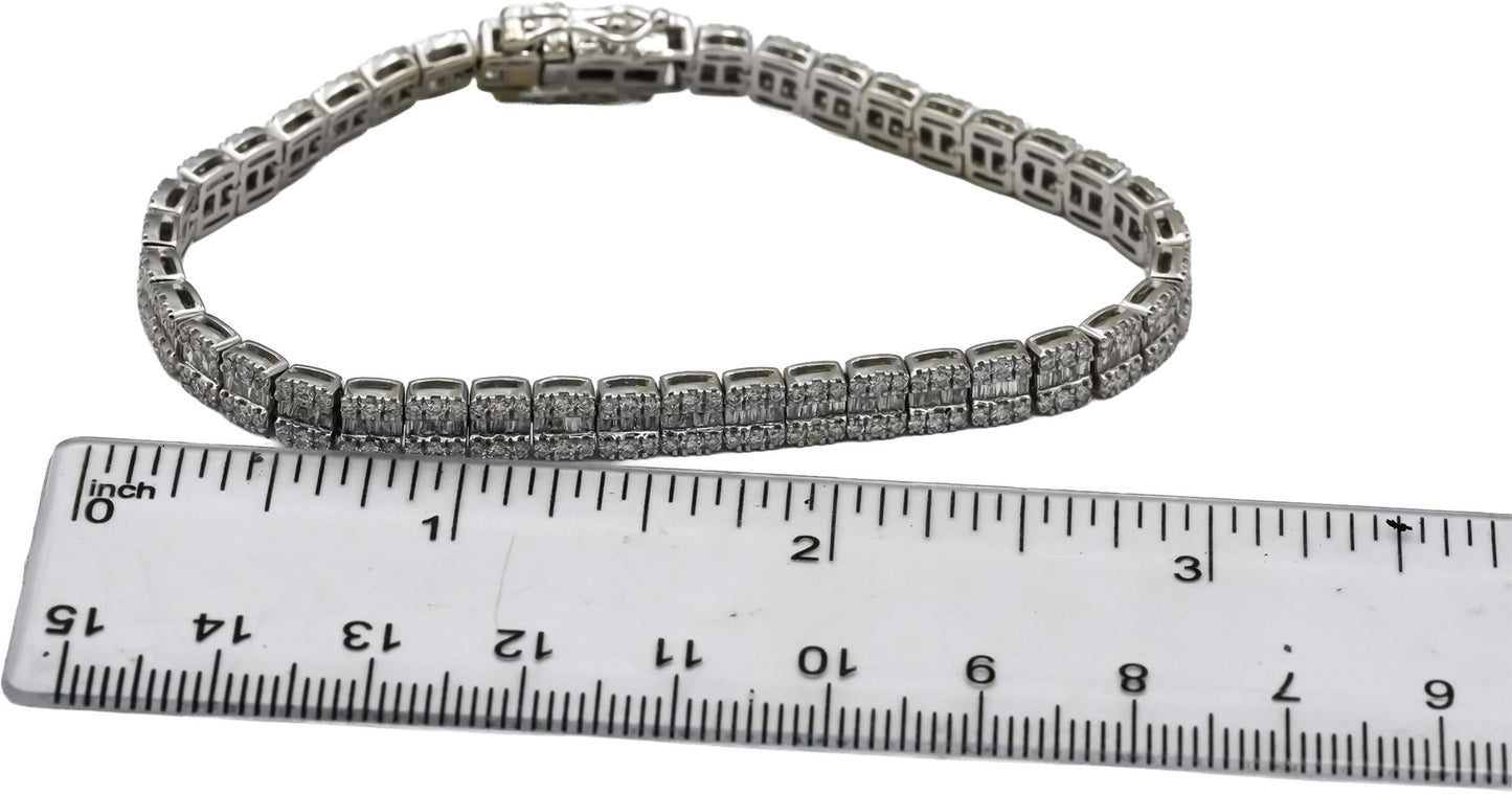 10k White Gold Round and Baguette Cut Diamond Line Bracelet 6.0CT