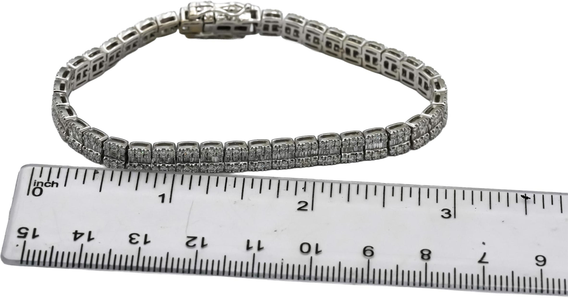 10k White Gold Round and Baguette Cut Diamond Line Bracelet 6.0CT