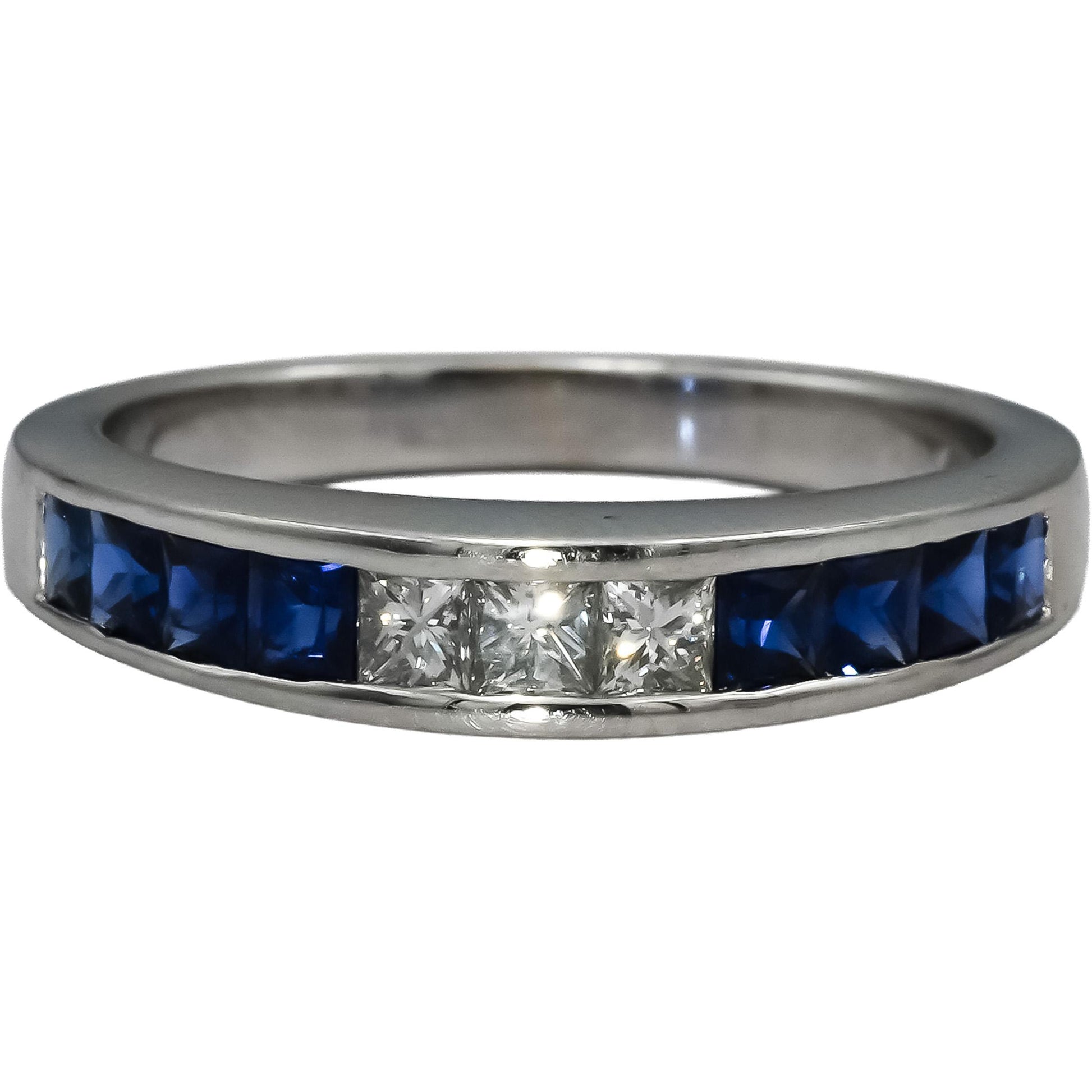 18k White Gold VS Diamond and Blue Sapphire Band Ring 1.0CT Size 7