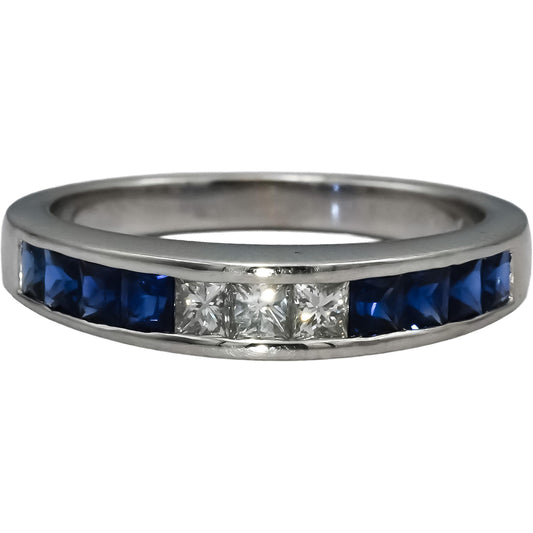 18k White Gold VS Diamond and Blue Sapphire Band Ring 1.0CT Size 7