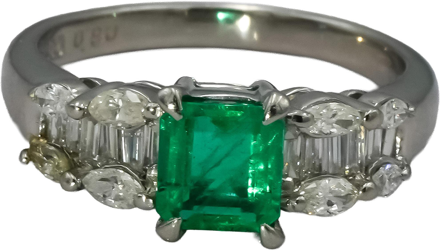 Platinum Baguette Marquise Diamond and Oval Emerald Cocktail Ring 1.30CT Sz 6.5