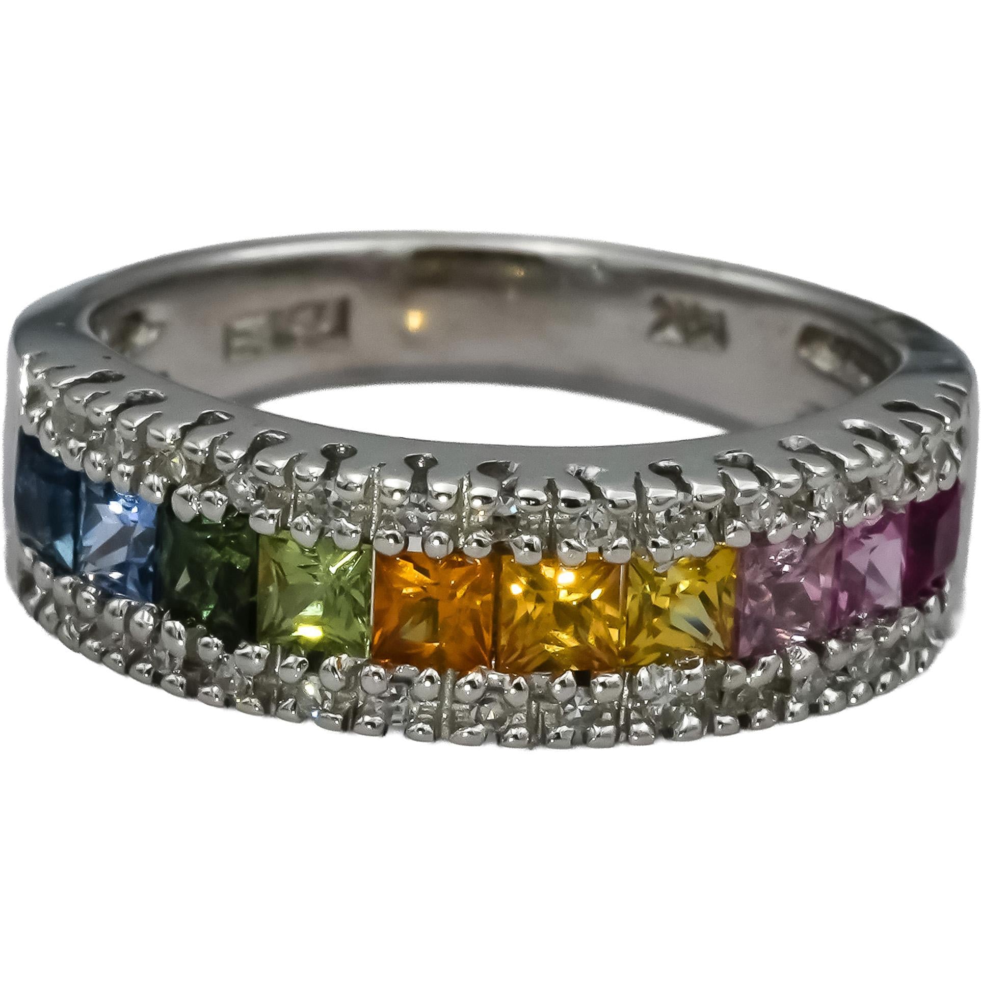 EFFY 14k White Gold Diamond and Multi Color Sapphire Band Ring 1.10CT Size 7