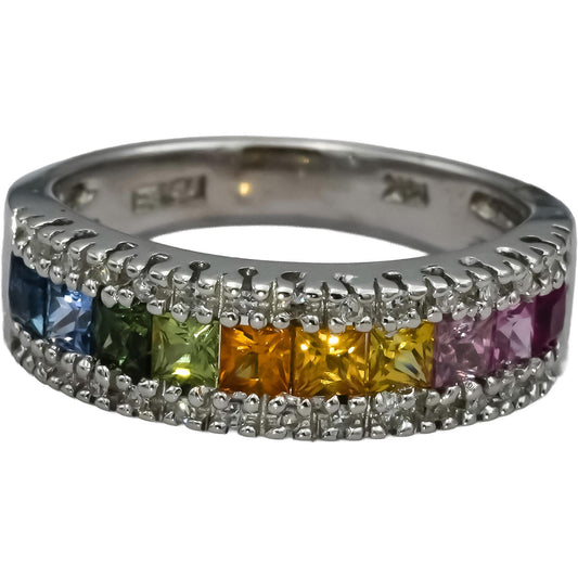 EFFY 14k White Gold Diamond and Multi Color Sapphire Band Ring 1.10CT Size 7