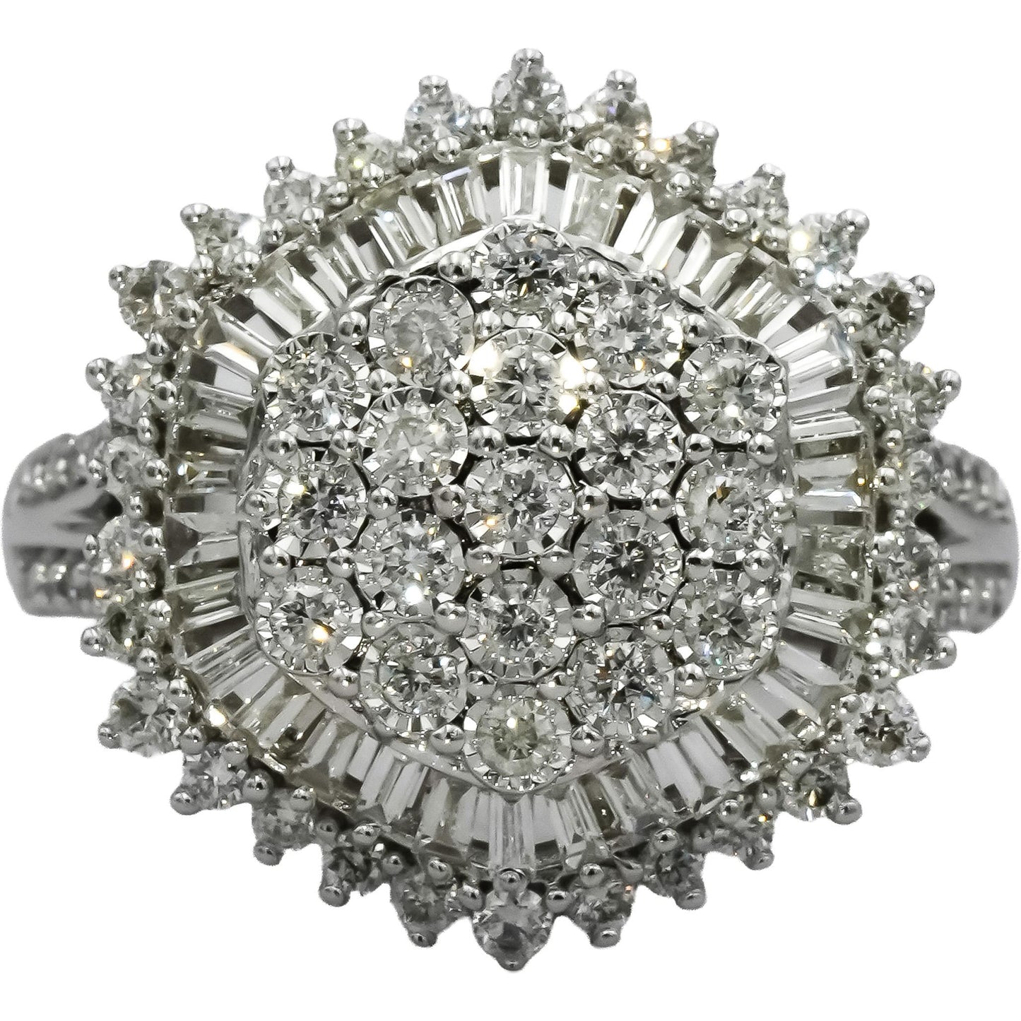 14k White Gold VS Round and Baguette Diamond Cluster Ring 1.50CT Size 7.25