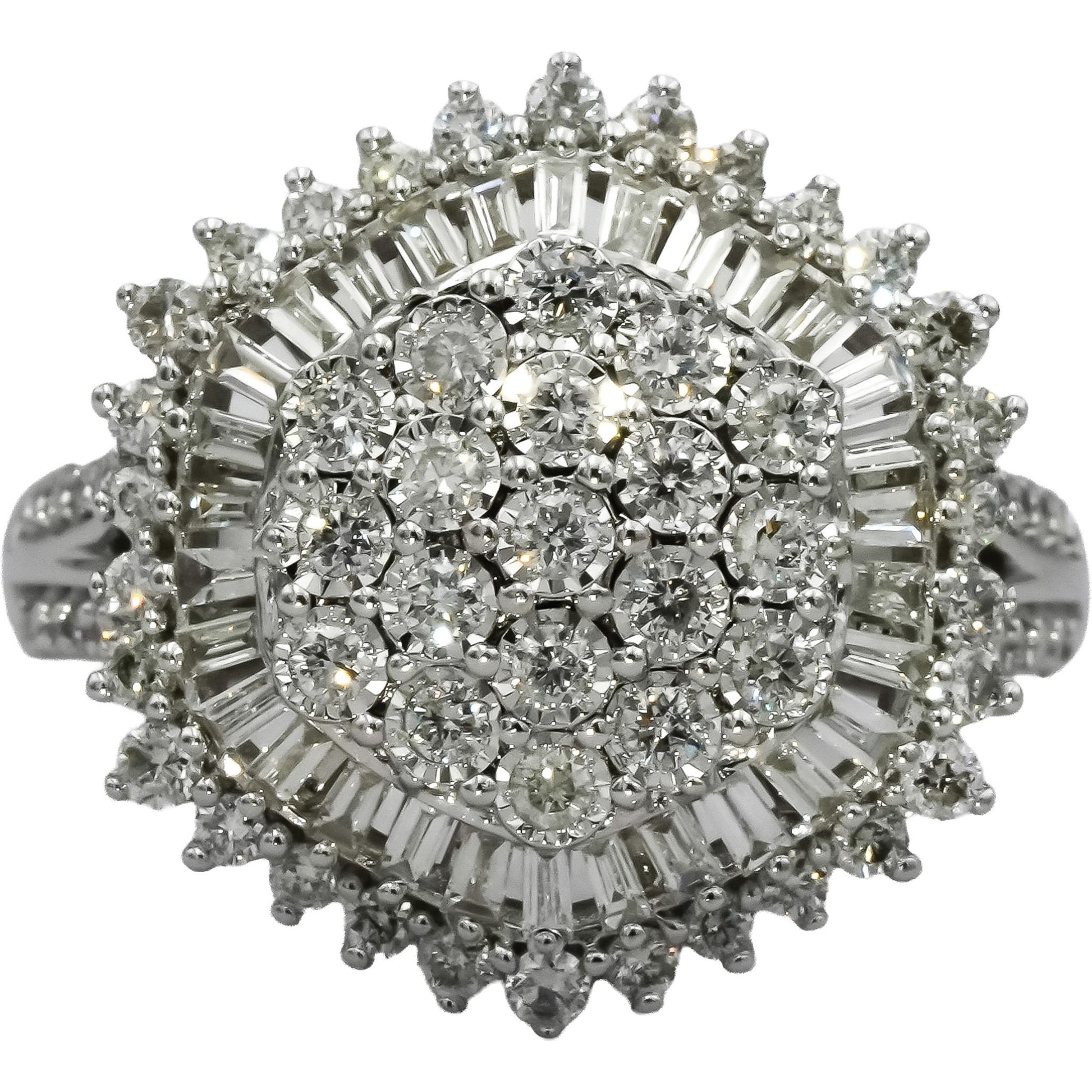 14k White Gold VS Round and Baguette Diamond Cluster Ring 1.50CT Size 7.25