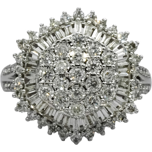 14k White Gold VS Round and Baguette Diamond Cluster Ring 1.50CT Size 7.25