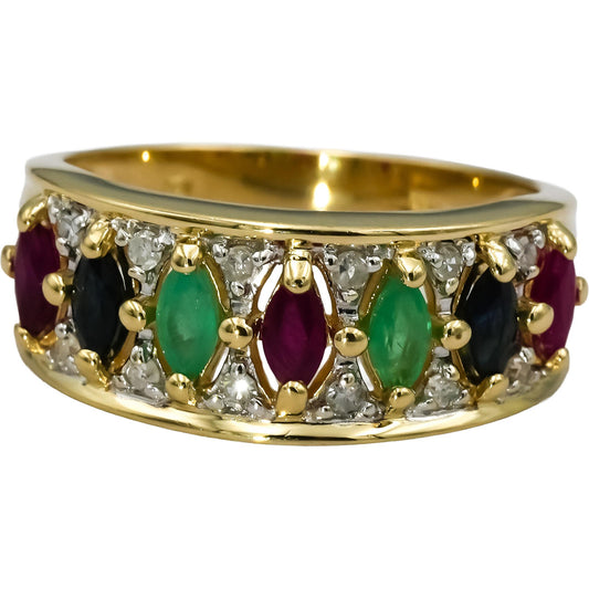 14k Yellow Gold Diamond Ruby Emerald Sapphire Band Ring 1.10CT Size 9