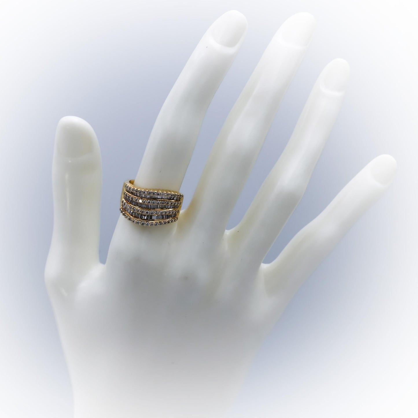 EFFY 14k Yellow Gold Round & Baguette Cut Diamond Wavy Band Ring 1.0CT Size 5.75
