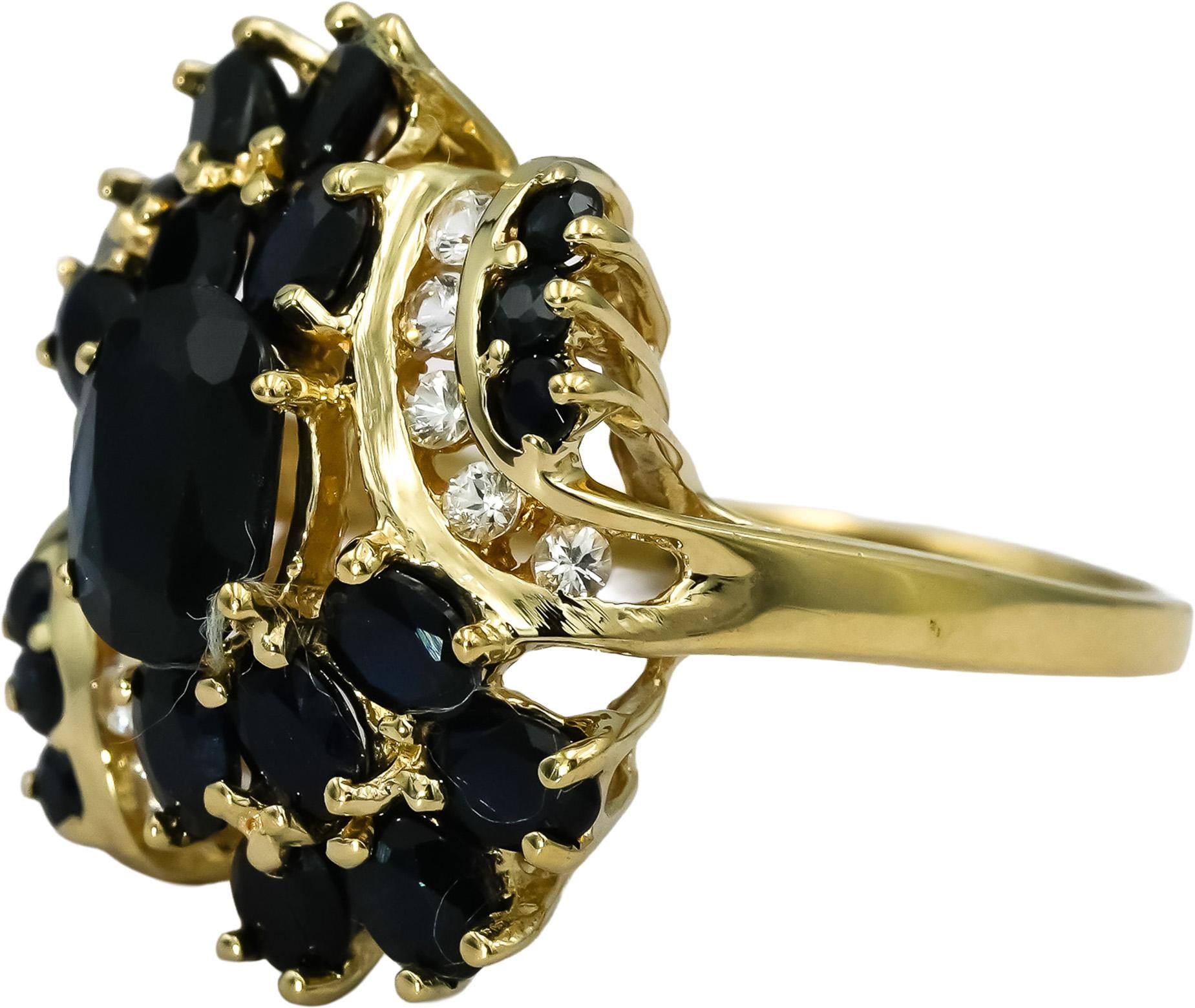 14k Yellow Gold White and Blue Sapphire Cluster Cocktail Ring 3.0CT Size 8.5