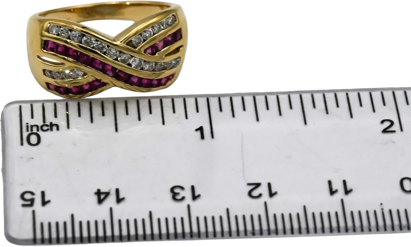 14k Yellow Gold Diamond and Ruby Crossover Band Ring 1.25CT Size 8