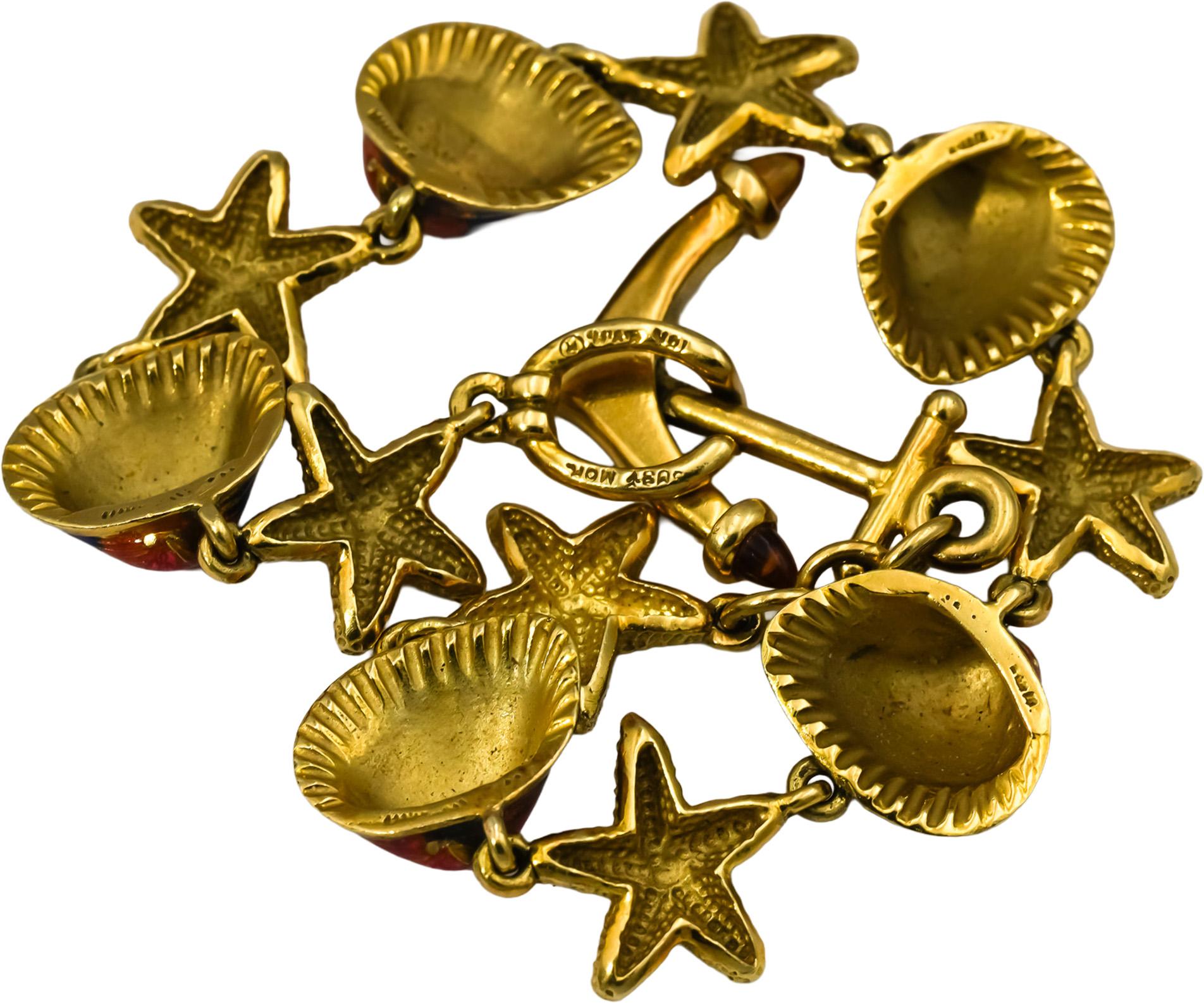 Designer 18k Yellow Gold Enamel Sea Life Nautical Themed Link Bracelet