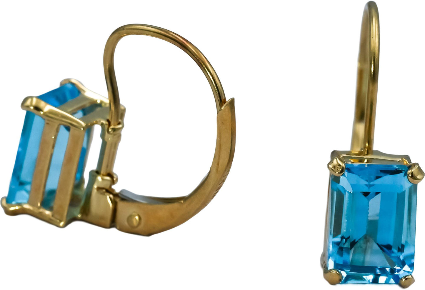 14k Yellow Gold Emerald Cut Blue Topaz Dangle Earrings 2.0CT