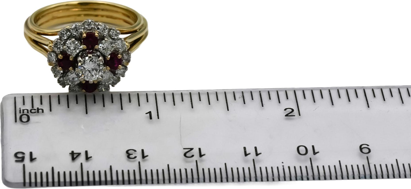 14k Yellow Gold Diamond & Ruby Cluster Cocktail Ring 1.45CT w/ .45CT Center Sz 9
