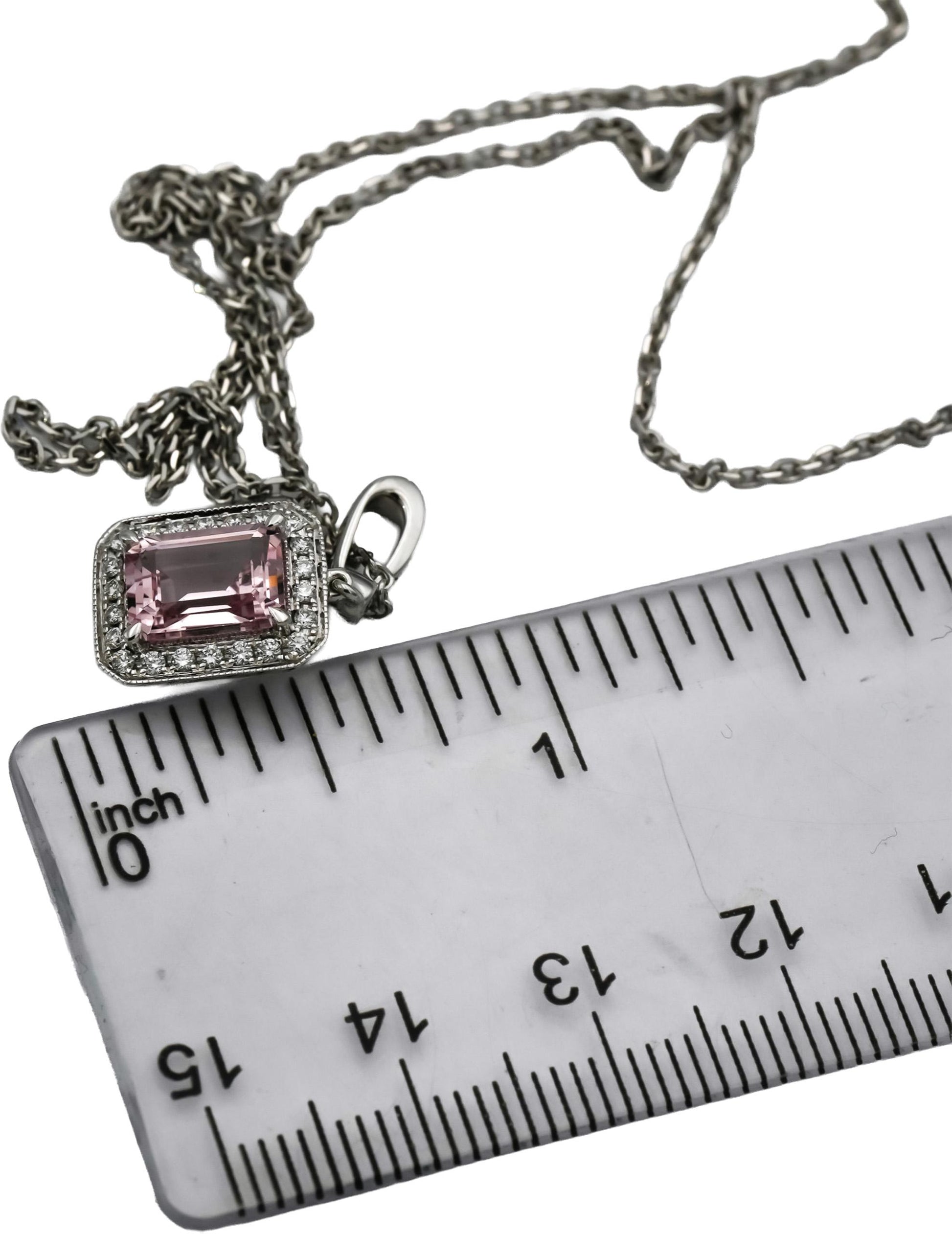 14k White Gold Round Diamond and Emerald-Cut Kunzite Pendant Necklace 0.20CT