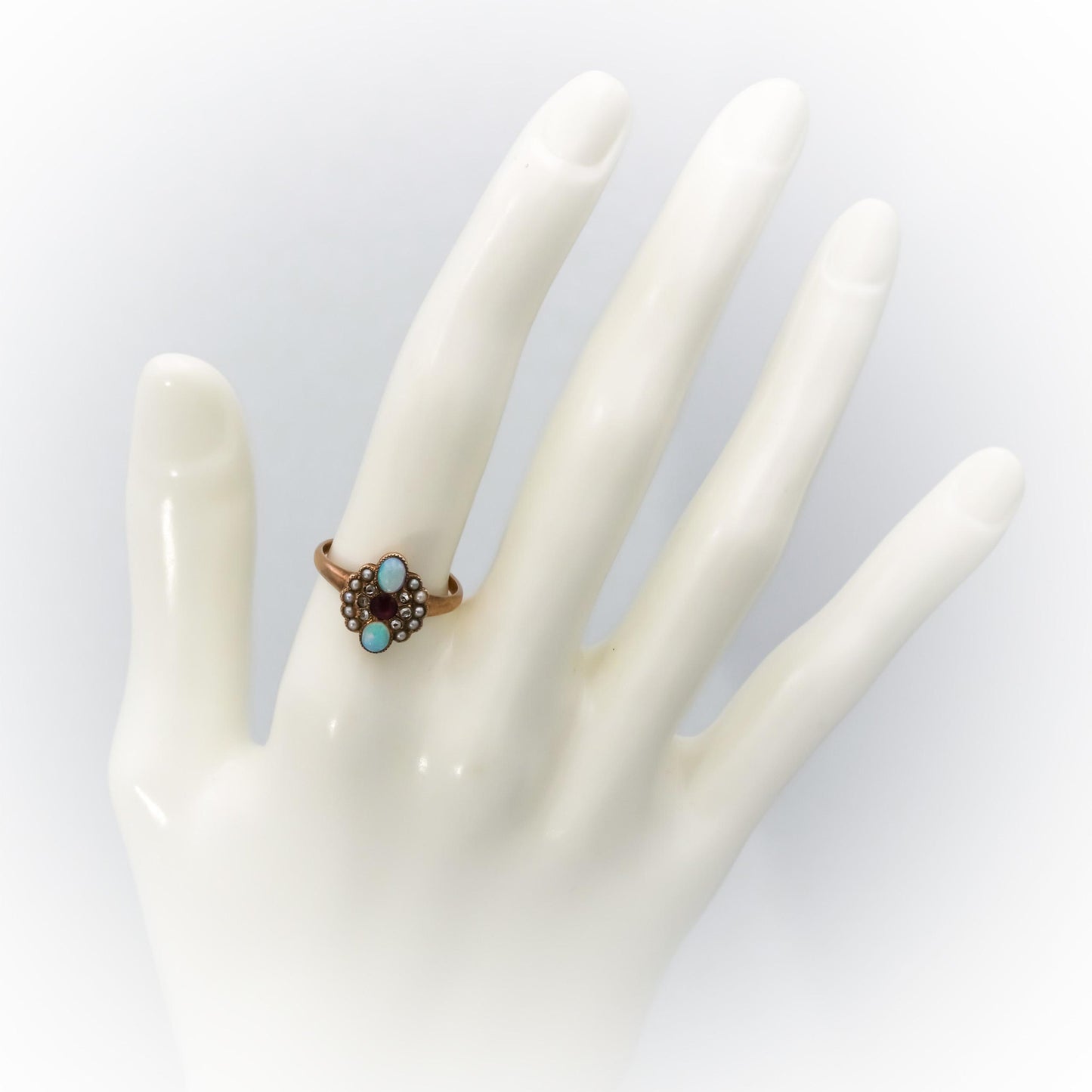 Victorian Antique 10k Gold Rose Cut Diamond Opal Ruby Pearl Cocktail Ring Size 7