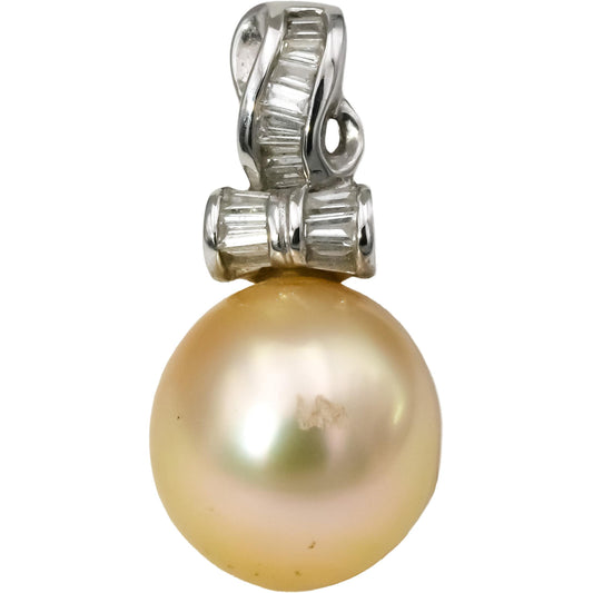 18k White Gold Baguette Diamond and 10.8mm Pearl Pendant 0.20CT