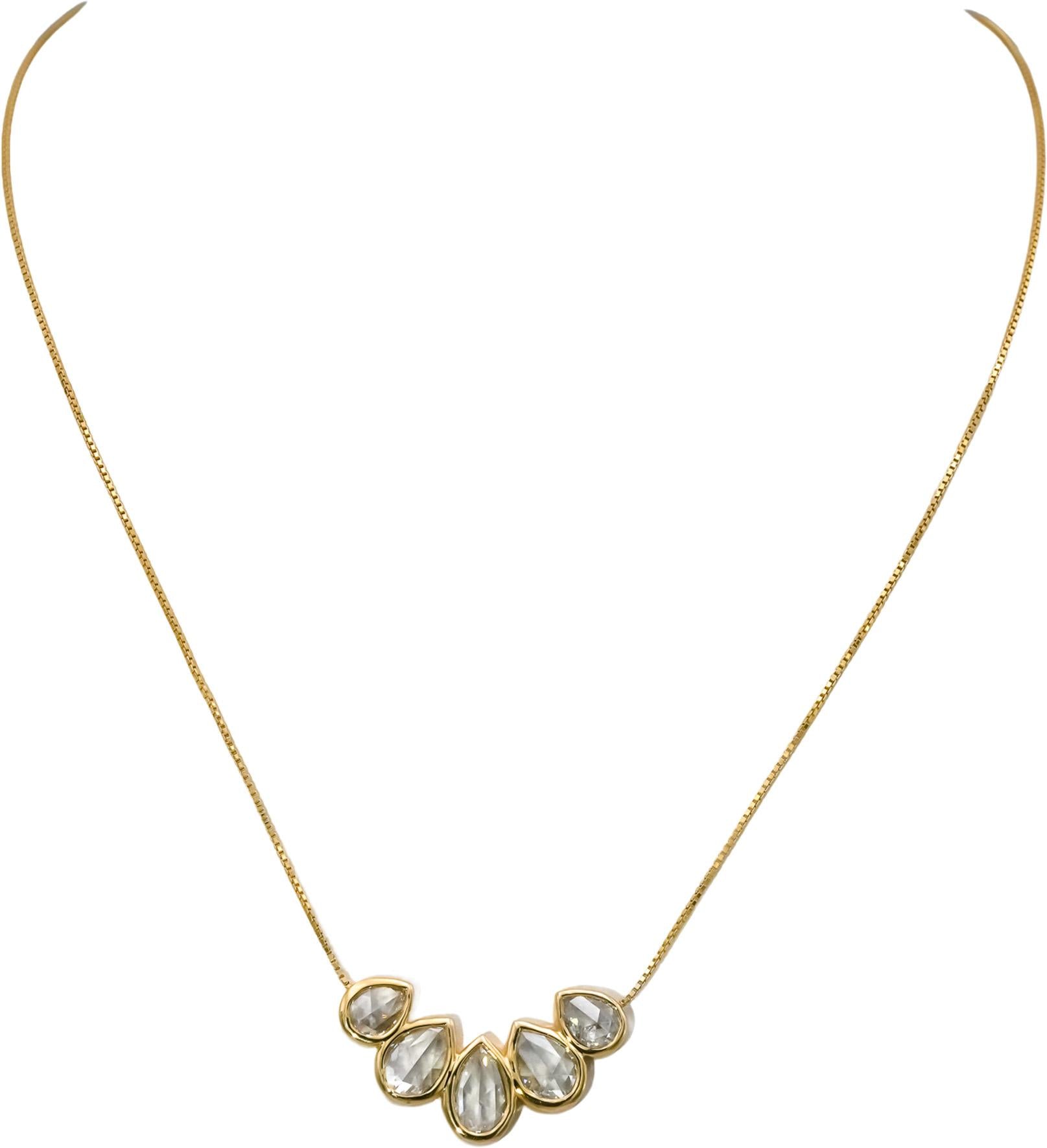 18k Yellow Gold VS Rose Cut Pear Shape 5-Stone Diamond Pendant Necklace 1.60CT