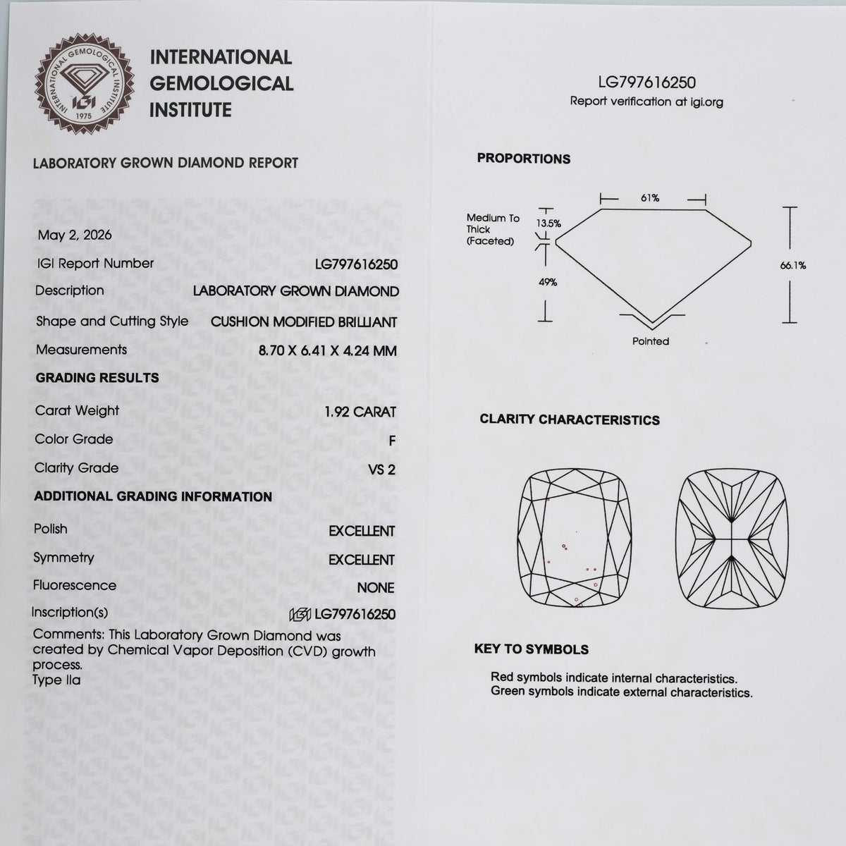 IGI 14k White Gold VS2/F Cushion Lab-Grown Diamond Ring 1.92CT Size 5.75