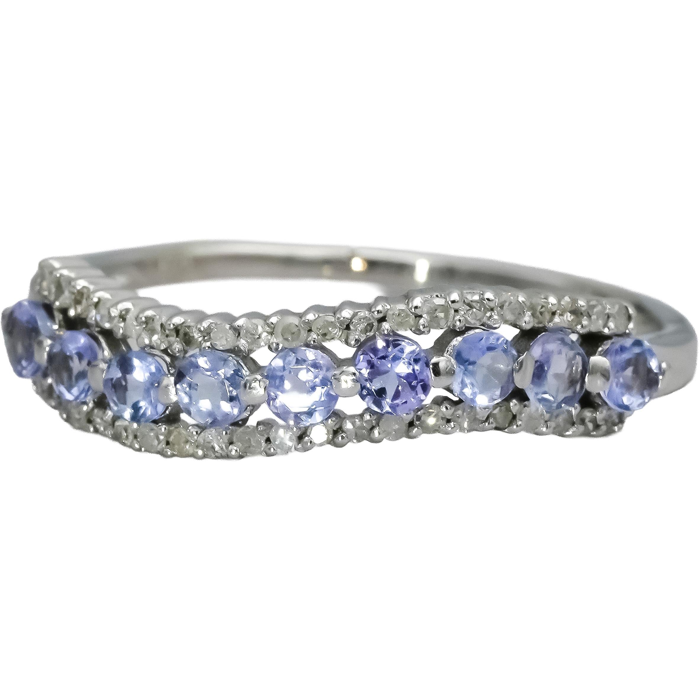 10k White Gold Diamond and Tanzanite Wavy Band Ring 0.70CT Size 10