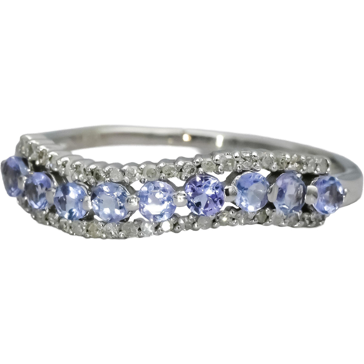 10k White Gold Diamond and Tanzanite Wavy Band Ring 0.70CT Size 10
