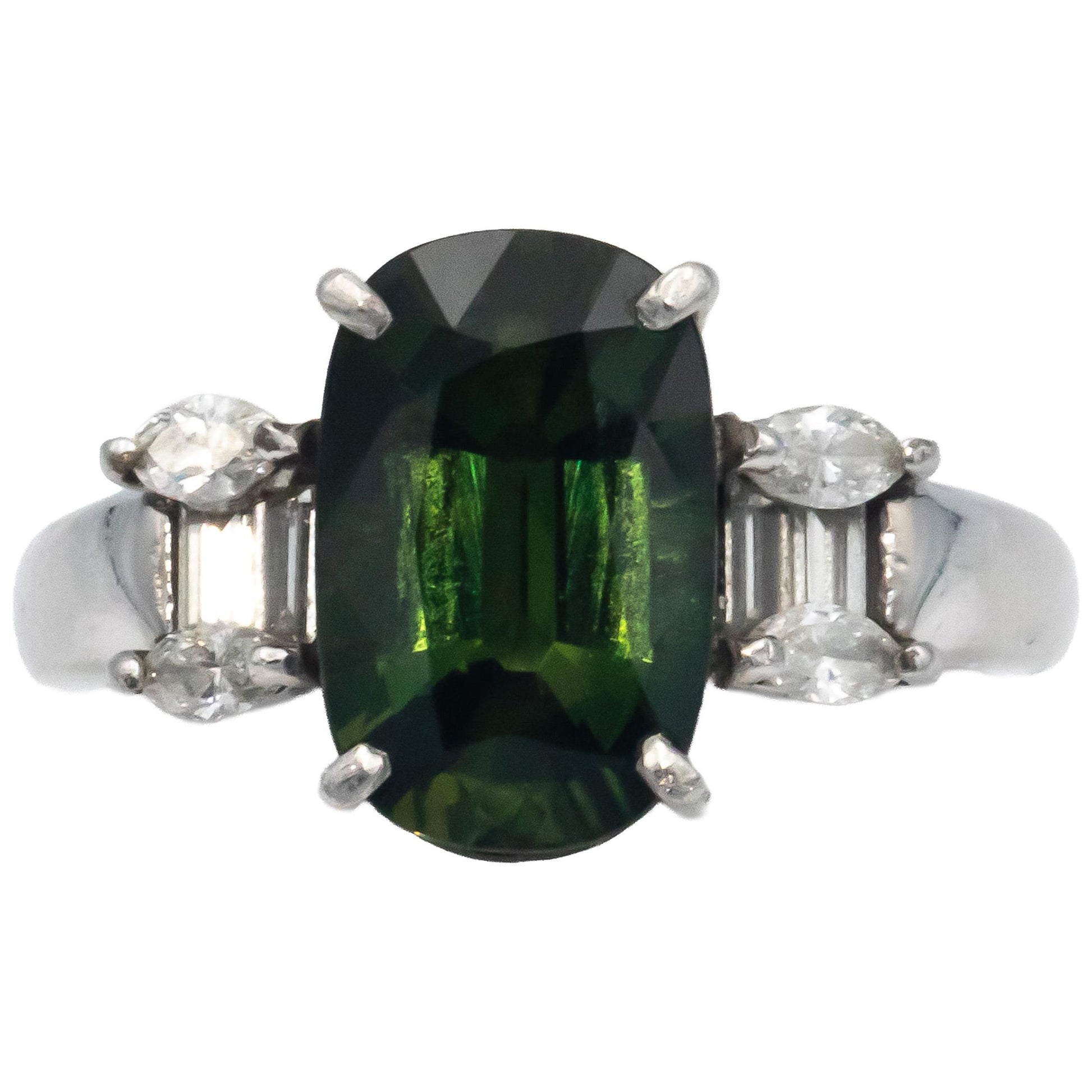 GIA Certified Platinum Diamond & Green Sapphire Cocktail Ring 4.59CT Size 6.75