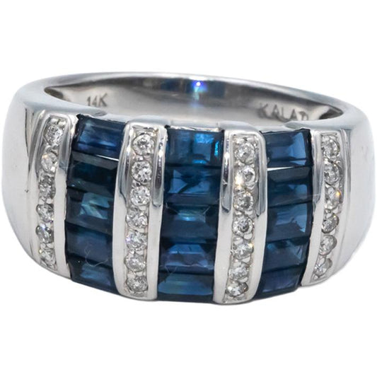 KALATI Designer 14k White Gold 1.25CT Diamond and Sapphire Band Ring Size 7