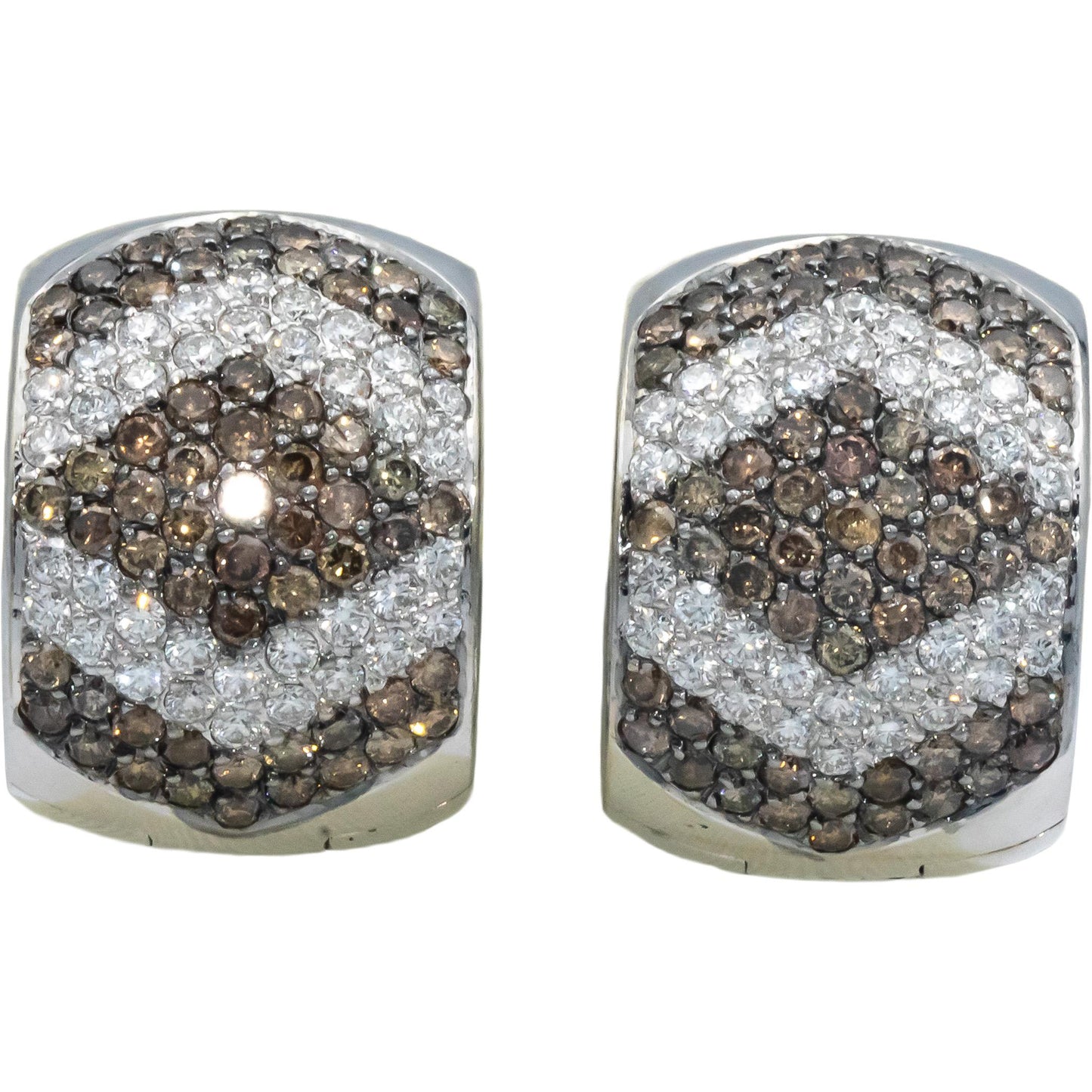 18k White Gold White and Brown Round Cut Huggie Hoop Earrings 2.93CT