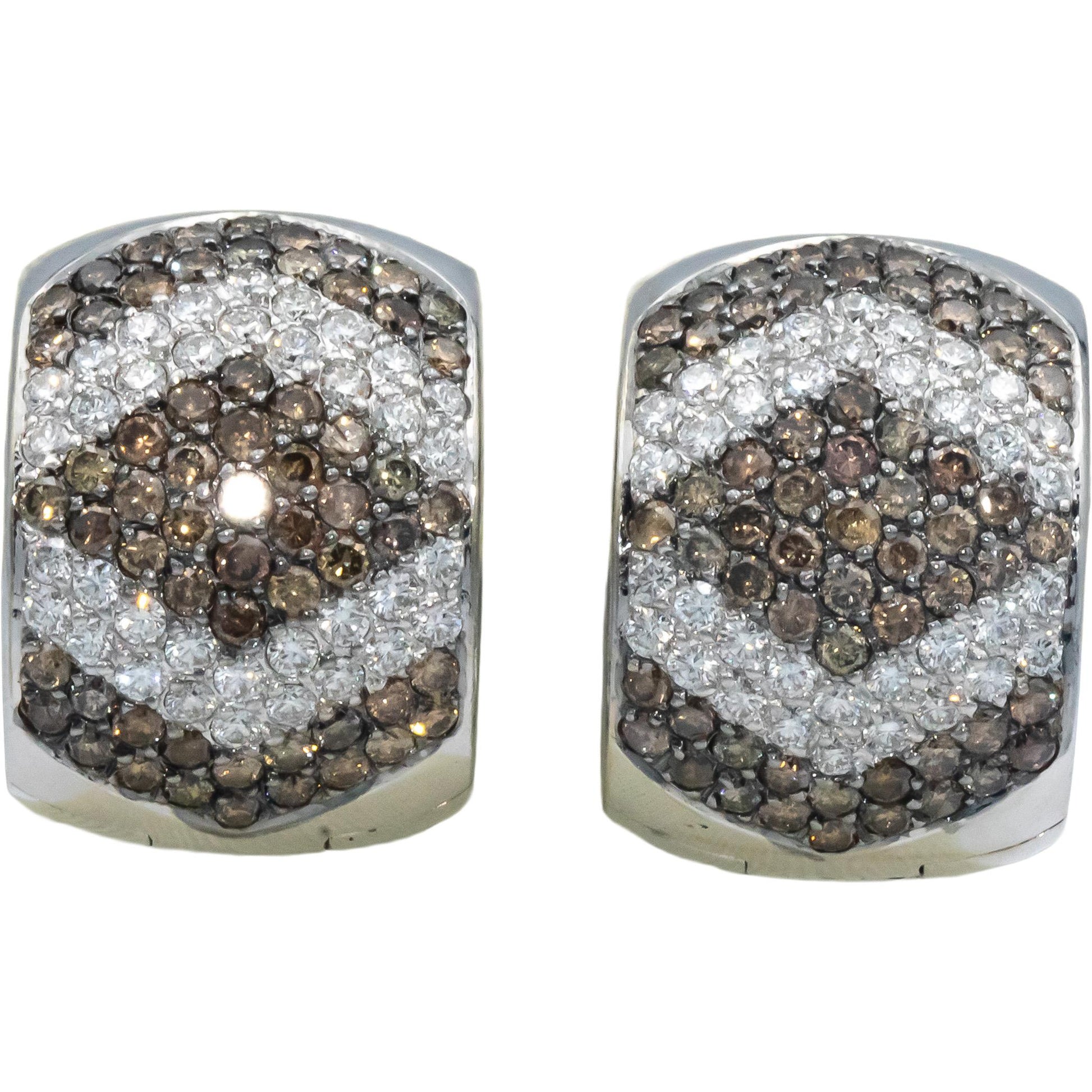 18k White Gold White and Brown Round Cut Huggie Hoop Earrings 2.93CT