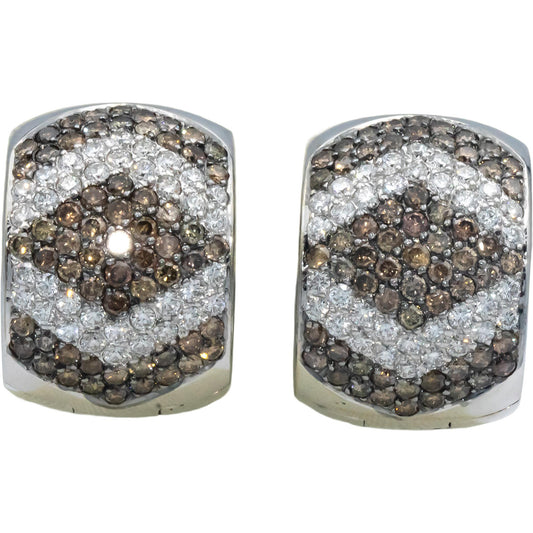 18k White Gold White and Brown Round Cut Huggie Hoop Earrings 2.93CT