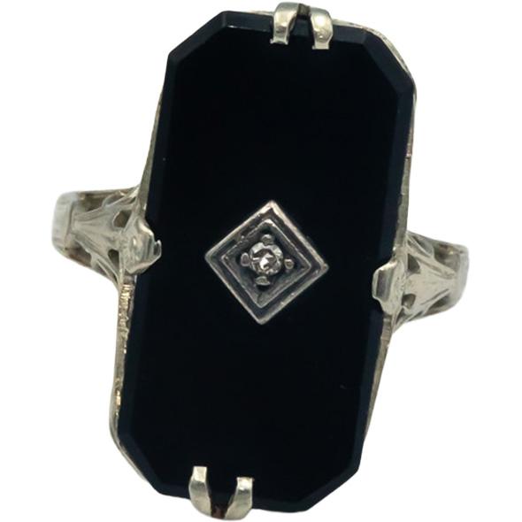 Antique Vintage 14k White Gold 0.01CT Diamond and Onyx Ring Size 5.25