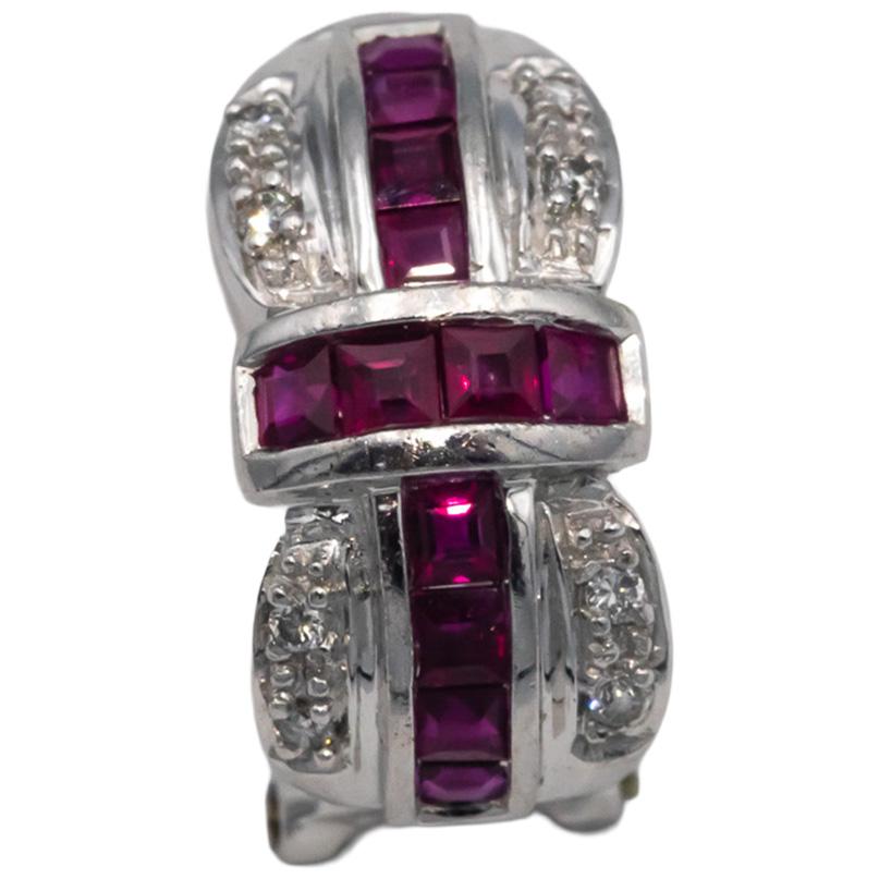 14k White Gold 1.05CT Diamond and Ruby Curved Earrings