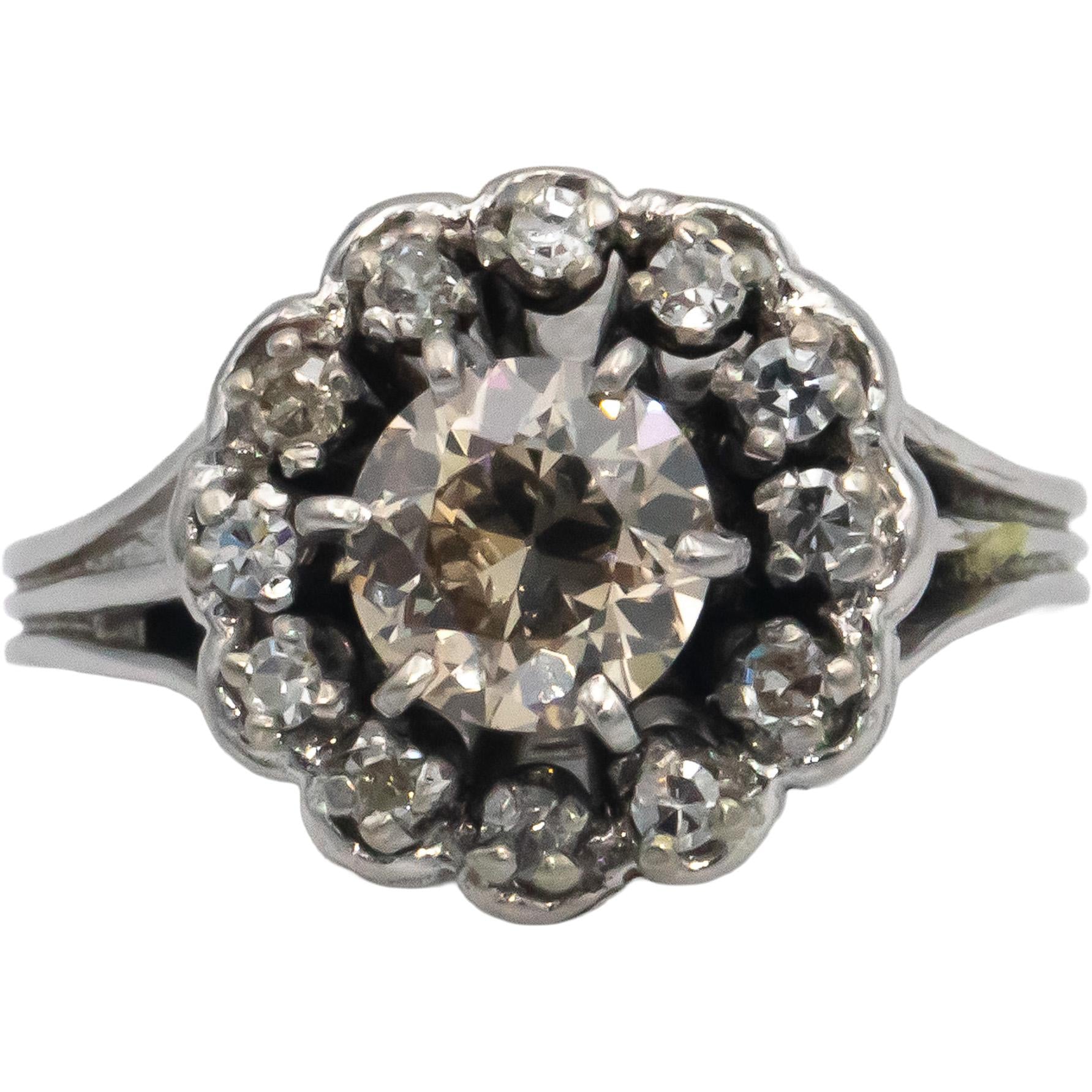 Vintage 14k White Gold 1.20CT Diamond Halo Ring w/ 1.0CT Center Size 6