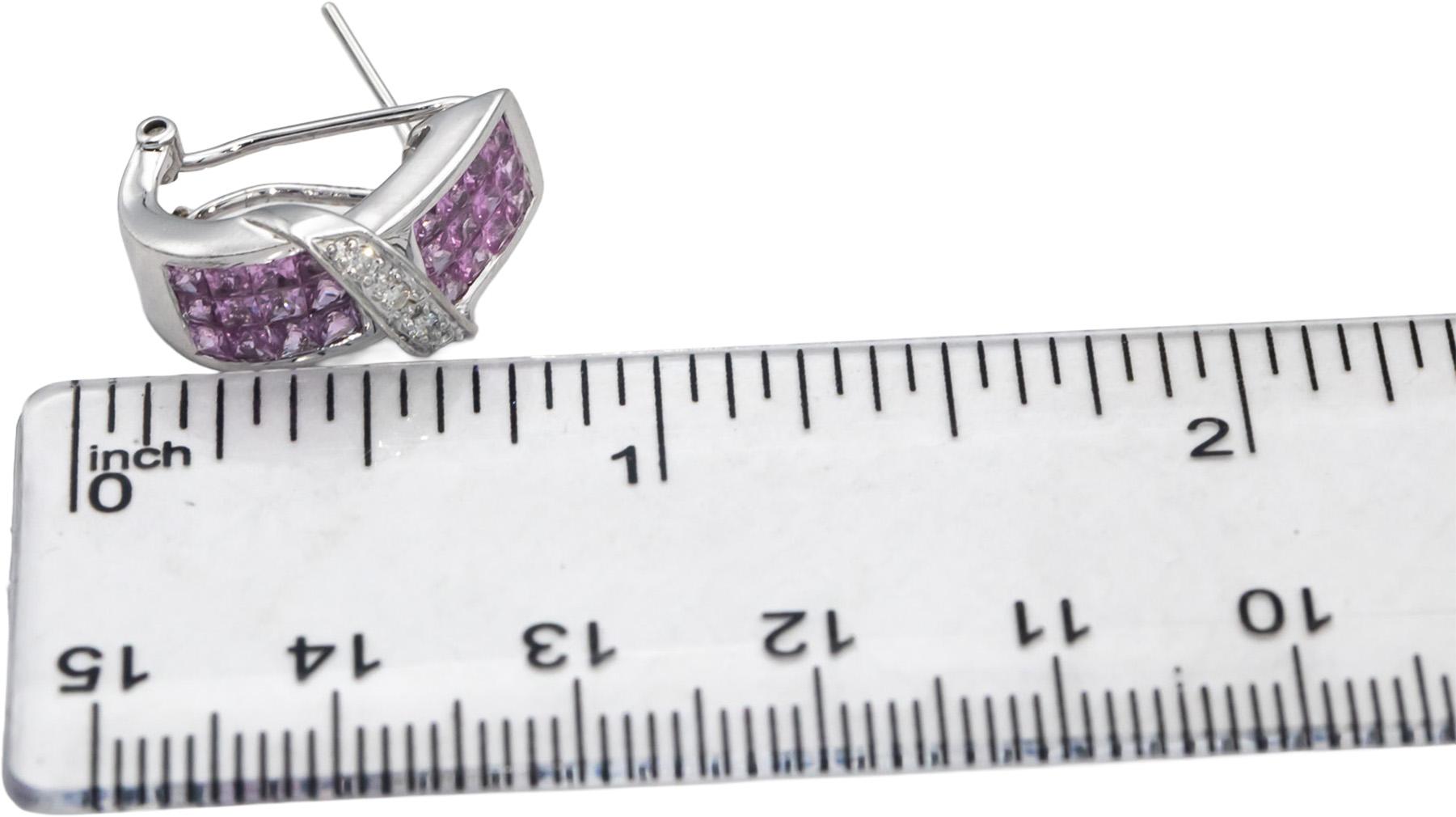 14k White Gold 2.10CT Diamond and Pink Sapphire Curved Earrings