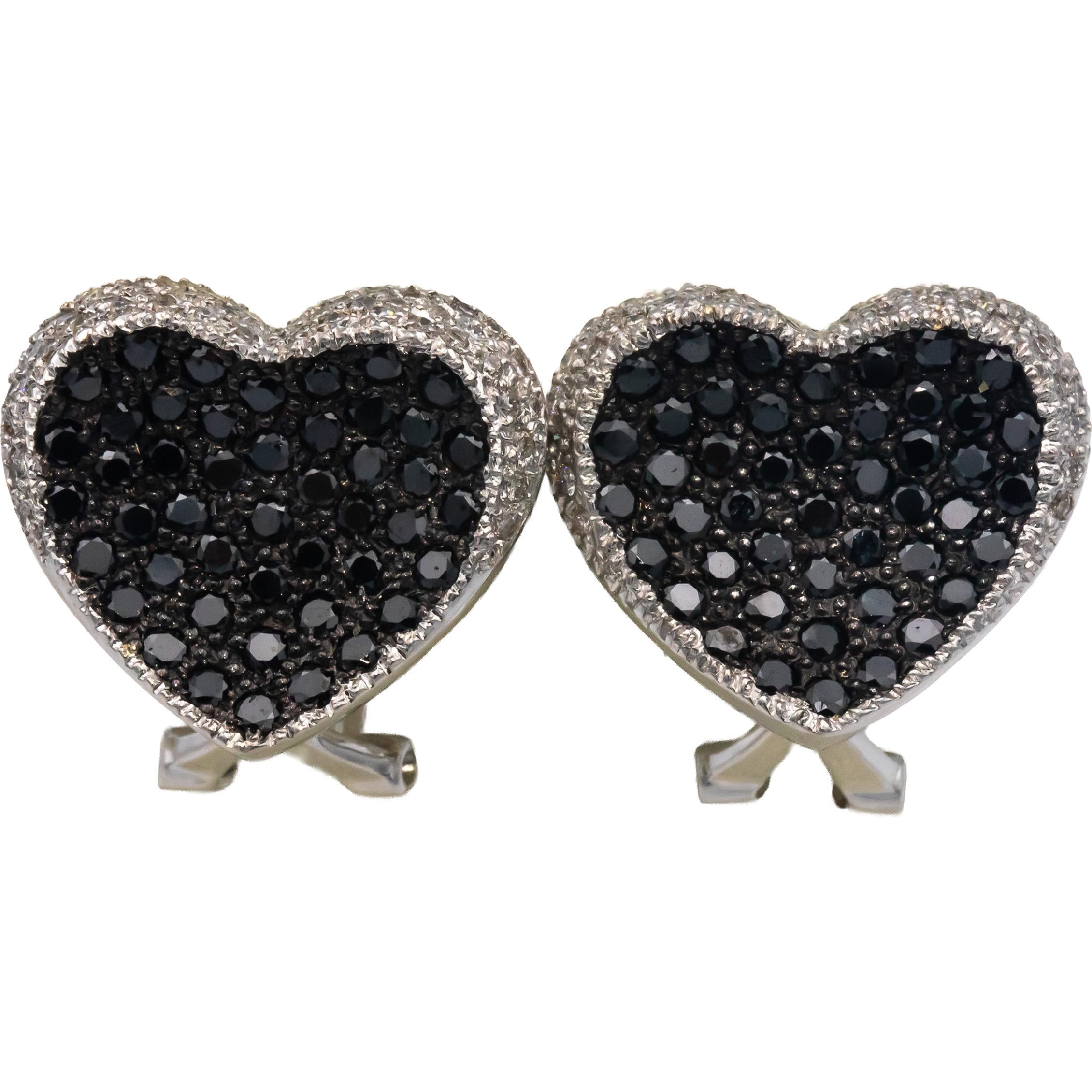 18k White Gold White and Black Round Diamond Heart Cluster Earrings 2.0CT