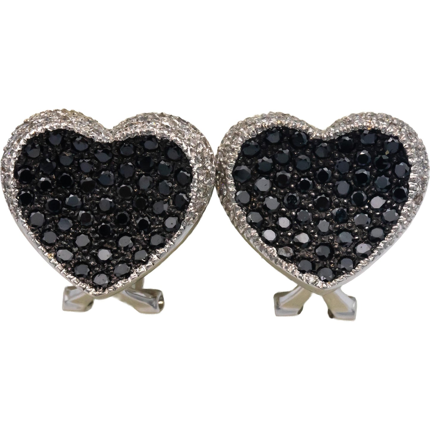 18k White Gold White and Black Round Cut Diamond Heart Cluster Earrings 2.0CT