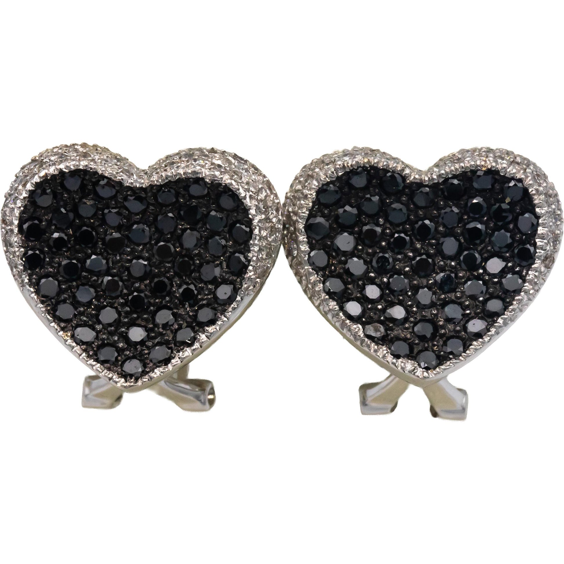 18k White Gold White and Black Round Cut Diamond Heart Cluster Earrings 2.0CT