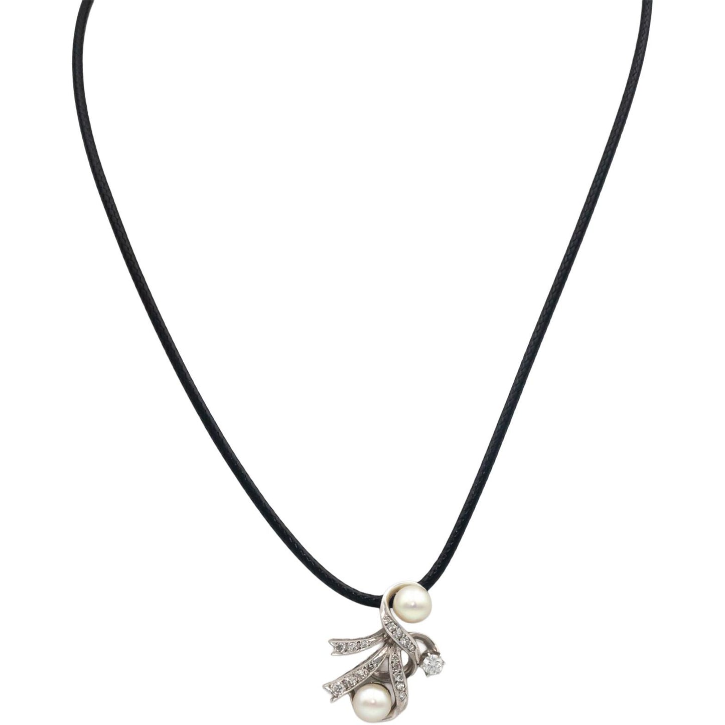 Vintage Antique 14k White Gold 0.30CT VS Diamond & 6.6mm Pearl Pendant Necklace