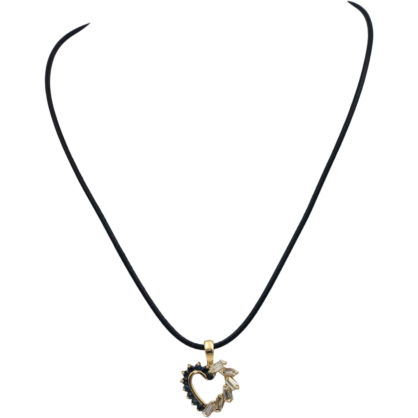 14k Yellow Gold 1.10CT Diamond and Sapphire Heart Pendant Necklace
