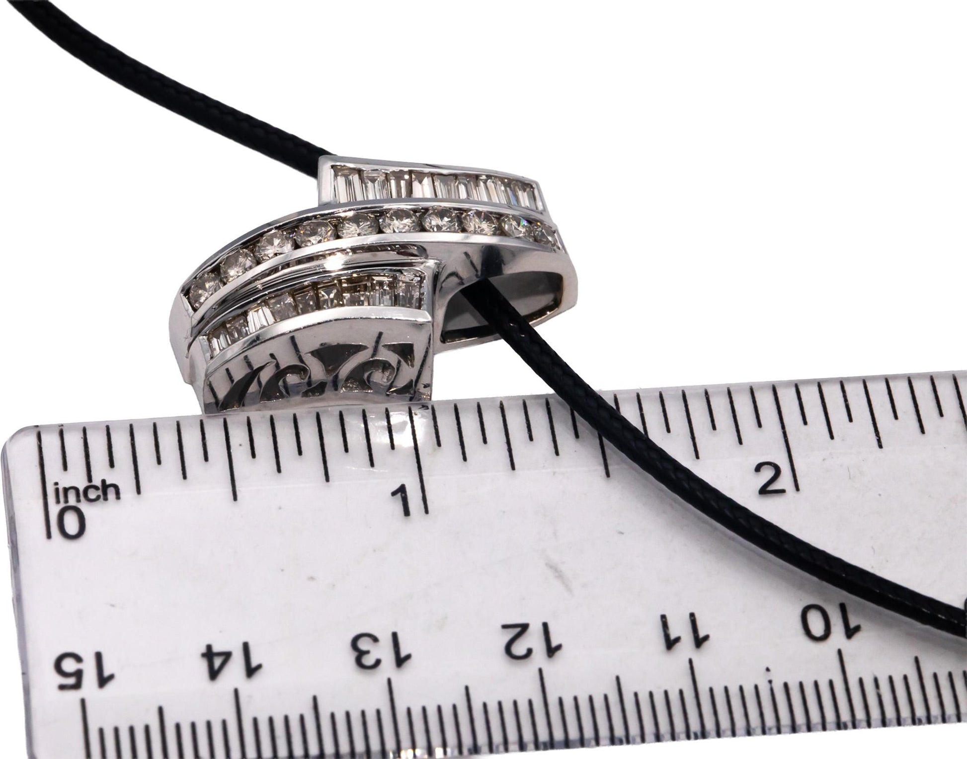 14k White Gold Round and Baguette Cut Diamond Slide Pendant Necklace 3.0CT