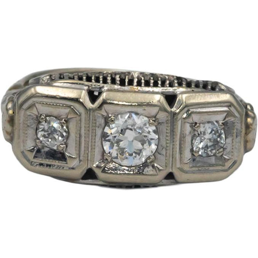 Vintage Antique 10k White Gold 0.35CT Diamond Filigree Ring w/ 0.25 Center