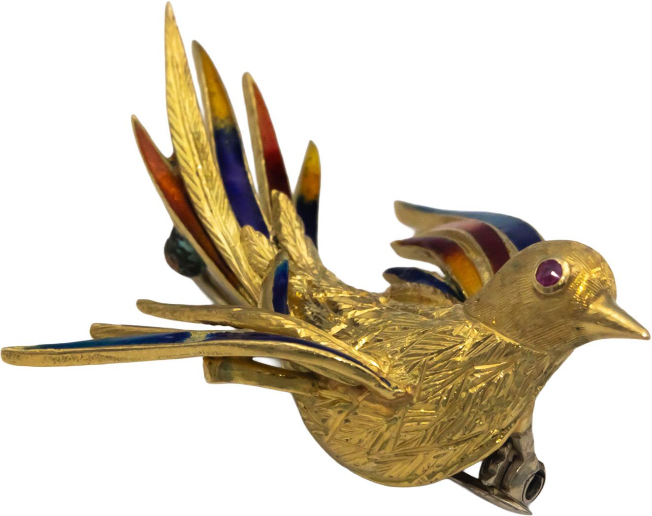 Italy 18k Yellow Gold Jewelry Enamel Textured Dove Bird Brooch Pin