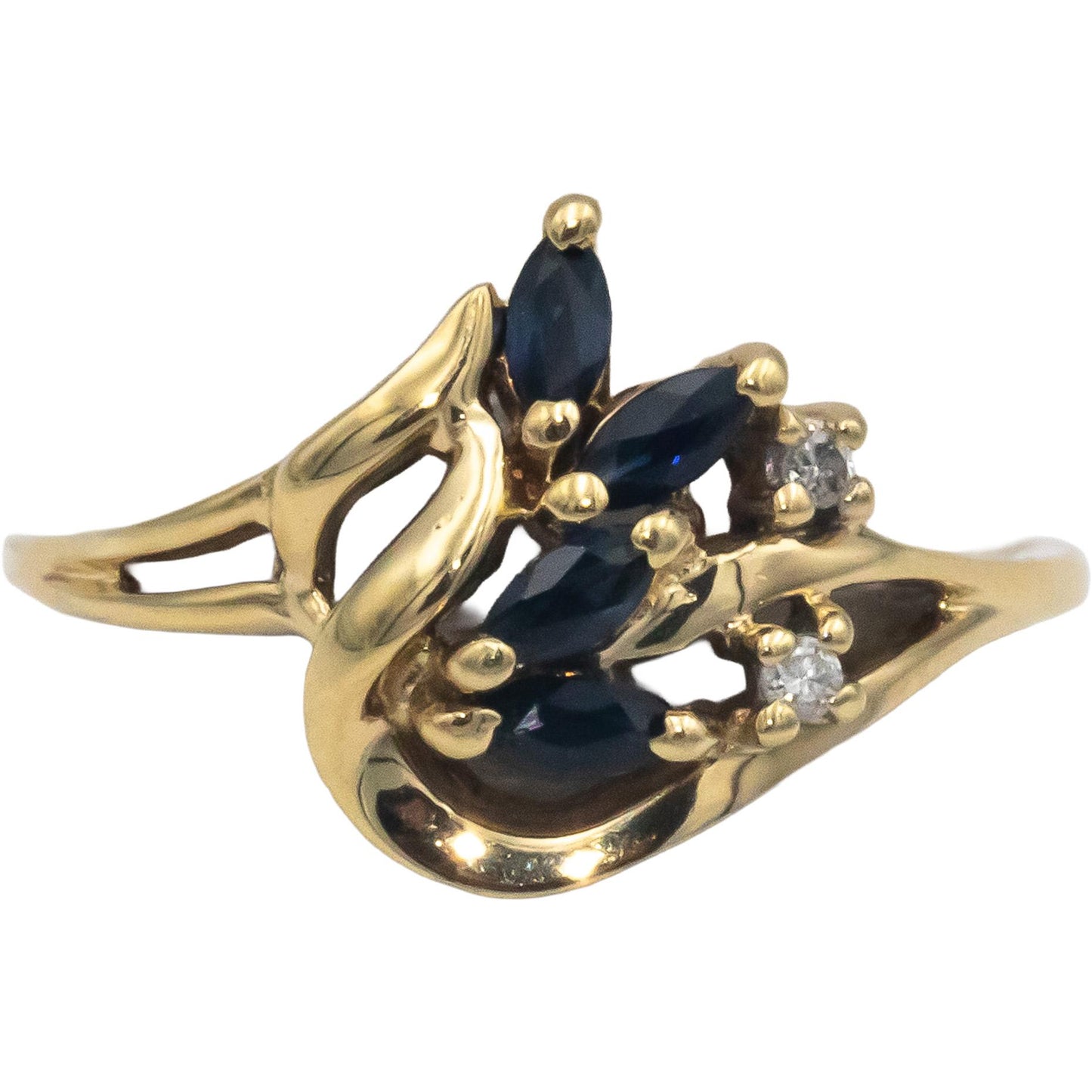 14k Yellow Gold 0.27CT Diamond and Blue Sapphire Floral Ring Size 7.75