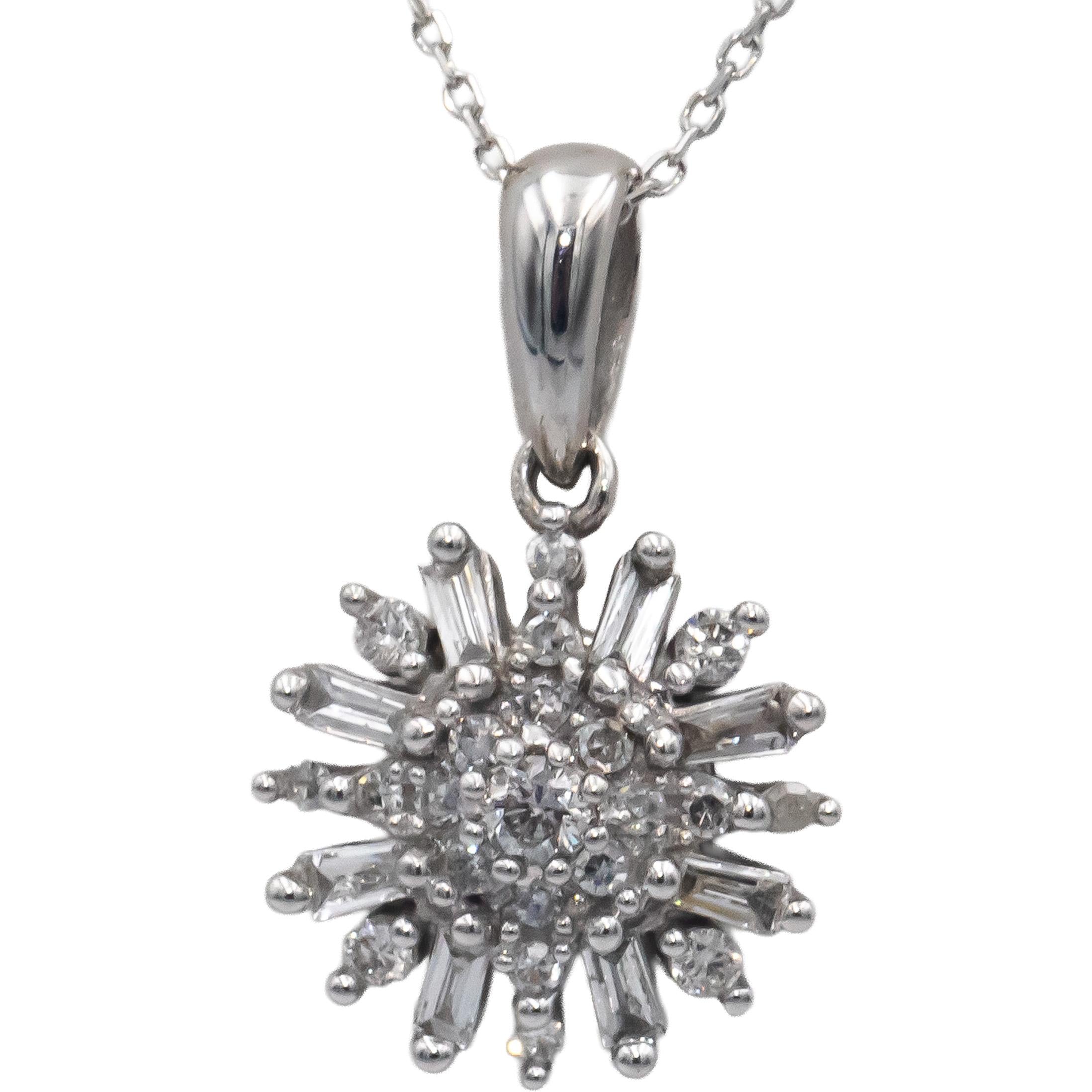10k White Gold Round & Baguette Cut Diamond Sunburst Pendant Necklace 0.25CT