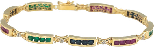 14k Yellow Gold 2.85CT Diamond Emerald Ruby Sapphire Fancy Line Bracelet
