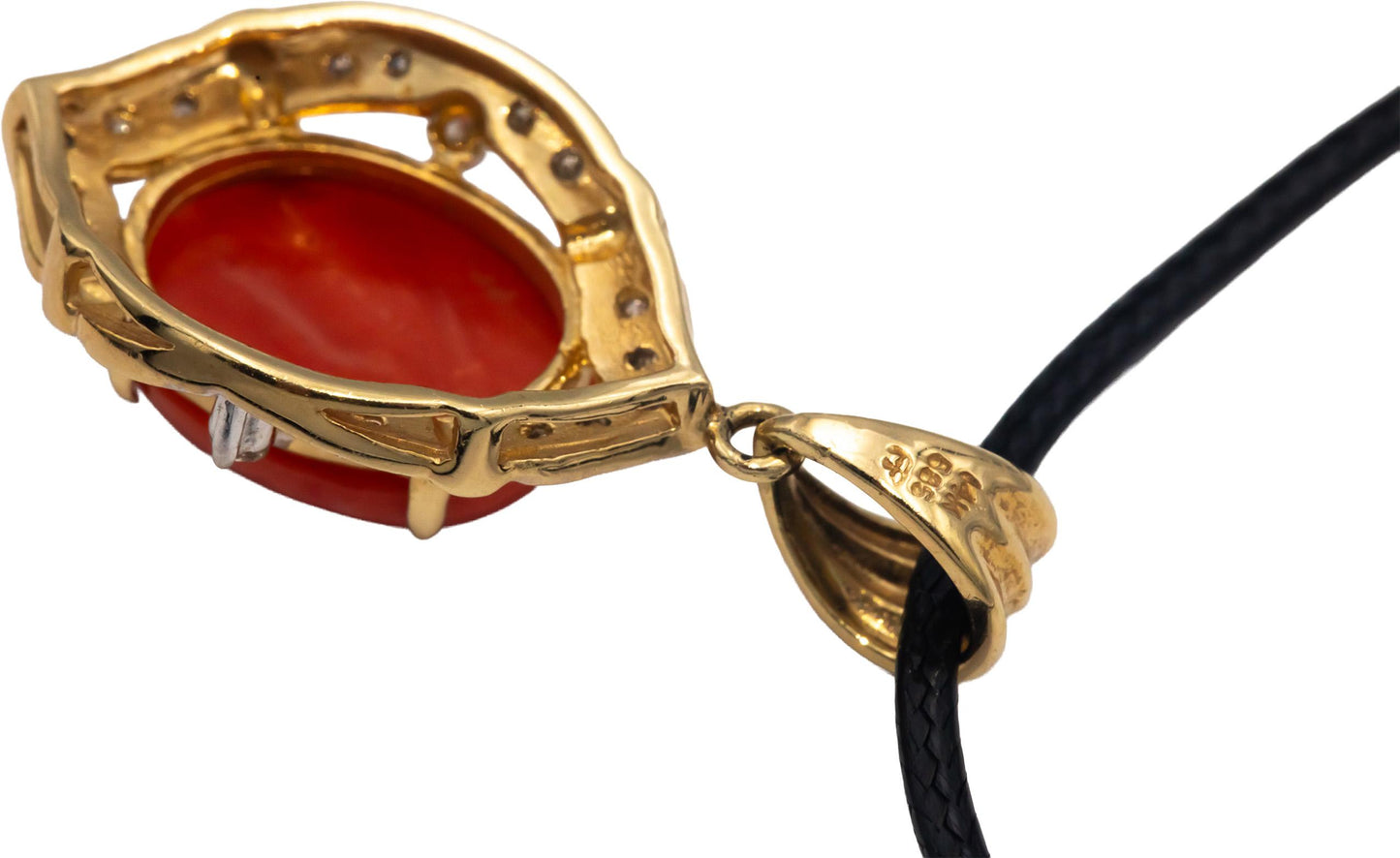 14k Yellow Gold 5.15CT Round Cut Diamond and Cabochon Coral Pendant Necklace