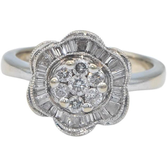 14k White Gold 0.50CT Round and Baguette Cut Diamond Floral Ring Size 6